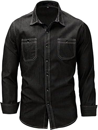 HULANG Mens Vintage Long Sleeve Button-Down Shirt in Washed Denim with Pockets (Medium, 114Black)