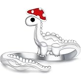 Mushroom Dinosaur Ring for Women - 925 Sterling Silver Cute Stegosaurus Adjustable Ring - Red Mushroom Dino Jewelry Gifts for Dinosaur Lover
