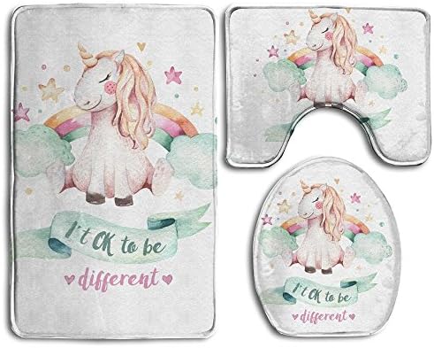 3PCS Bathroom Non-Slip Pink Unicorn Set Flannel Lid Bath Mat, Contour & Seat Cover Absorbent Bathroom Mat Set With Lantax Backing