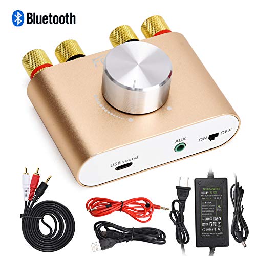 F900 Mini Bluetooth Power Amplifier Wireless Audio Receiver with 12V 5A DC Adapter, Stereo Hi-Fi Digital Amp 2.0 Channel 50W 2 with AUX/USB/Bluetooth Input (Gold) …