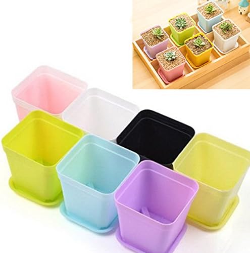 SJDZ 7pcs 4-inch Diameter Multicolor Flower pot, Plastic Plant Pots, Square Flower Pots with Tray, Plant Pots Planter with Saucer for Small Cactus, Succulent Plants (Seven Color-Square)