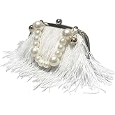 Ostrich Feather Evening Bags Fluffy Clutches for Women, Vintage Pearl Purse Tote Bag for Bridal, Banquet, Party White