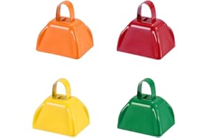 HEYLEAYAR 3Inch Cowbells Set for Sporting Events, 4Pcs Small Cow Bells Loud Noise Makers with Handle for Cheering Football Games Marathon Weddings Party Noisemakers, Yellow & Red & Orange & Green