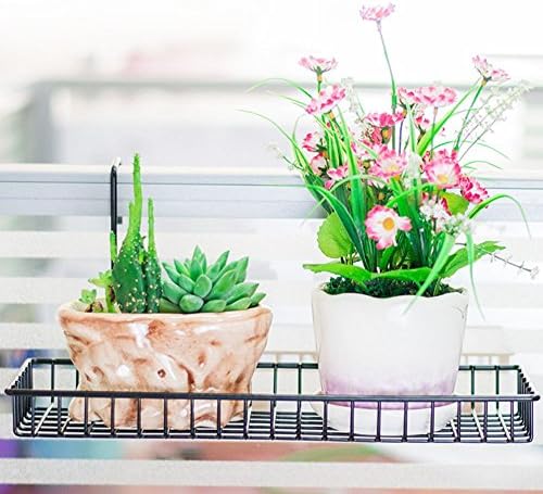 Iron Wire Outdoor Rectangle Plant Caddy, Patio Fence Deck Porches Railing Shelf Flower Pots - Space-Saving Office Cubicle Grid Works Sundries Storage Rack