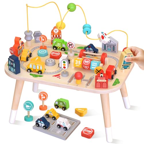 Weilim Baby Activity Table, Wooden Sensory Table with Bead Maze Sort Shapes and Train Circuit, Montessori Farm Toy, Educational Toy for Kids (Car)