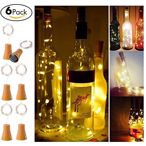 6 Pack Solar Powered Wine Bottle Lights, 10 LED Waterproof Warm White Copper Cork Shaped Lights for Wedding Christmas, Outdoor, Holiday, Garden, Patio Pathway Decor