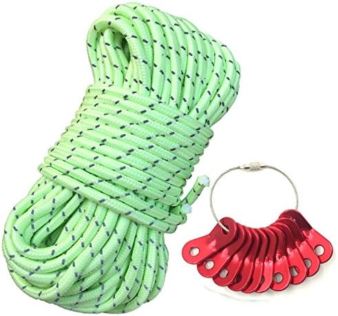 Glow in the Dark Luminous Reflective Guyline - 5mm 65.6ft/20m Highly Reflective Tent Rope With 10 Aluminum Adjusters / Tensioners (Green)