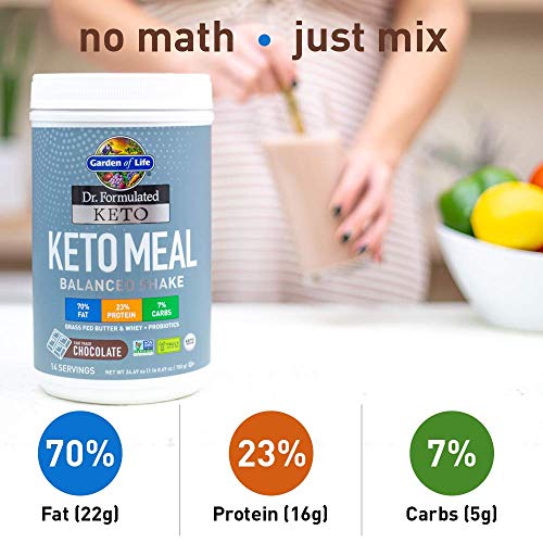 GARDEN OF LIFE DR. FORMULATED KETO MEAL BALANCED SHAKE – CHOCOLATE POWDER, 14 SERVINGS, TRULY GRASS FED BUTTER & WHEY PROTEIN PLUS PROBIOTICS, NON-GMO, GLUTEN FREE, KETOGENIC, PALEO MEAL REPLACEMENT