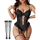 CHALOVELO Sexy Lingerie for Women Lace Floral Teddy Bodysuit – Deep V Underwire Babydoll with Garter Belt & Ruffled Hem