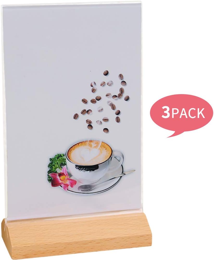 PLAFUETO Acrylic Sign Holder Double-Sided Wood Table Numbers Display Stands Table Display Sign Holders for Restaurants Retail Shop Wedding Party Events Business 3 Pack A5