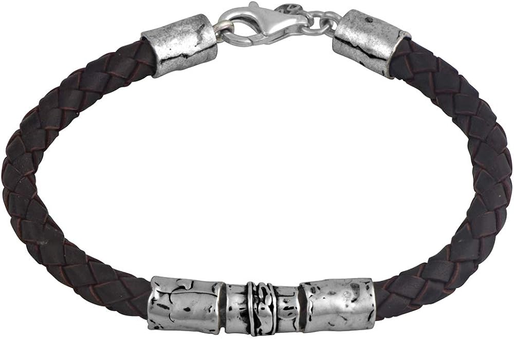 PZ Paz Creations 925 Sterling Silver Bracelet For Men | Braided Design Genuine Leather in Navy Blue Or Dark Brown | 8-1/4" Lobster Clasp | Made In Israel (Blue): Clothing