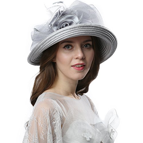 Janey&Rubbins Women Kentucky Derby Church Wedding Fascinators Cloche Bucket Bowler Hat (Silver)
