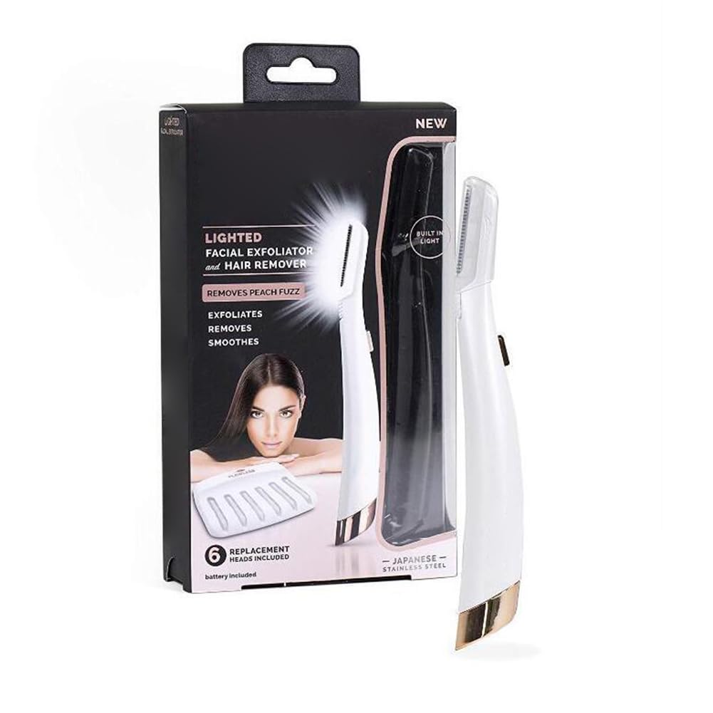 LED Facial Exfoliator Lady Shaver with 6 Replacement Heads, Non-Vibrating for Precise Hair Removal, Exfoliation and Fine Line Smoothing (As Shown)