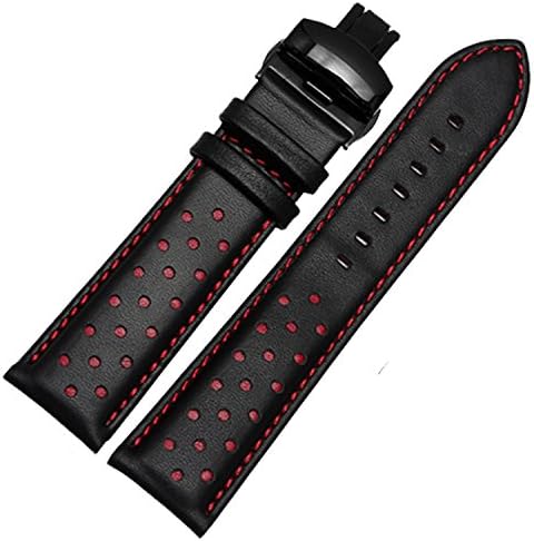 New Perforation 20mm 22mm Black Red Leather Racing Watch Strap Black Deployment Clasp (20mm)