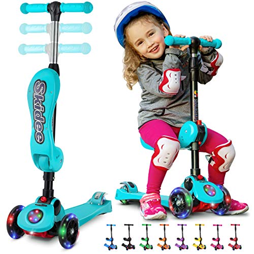 Skidee Toddler Scooter –Kids Scooter, LED 3 Wheel Scooter, Adjustable Handles, Rear Brake, Durable, Foldable Seat, Folding Scooter, Outdoor Toys, Kick Scooters for Boys and Girls, Ages 3 and up