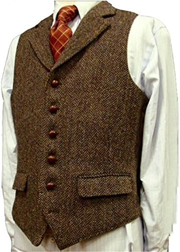 Brown Wool Herringbone Groom Vests Formal Groom's Wear Suit Vest Men's Wedding Tuxedo Waistcoat Plus Size (M, Brown)