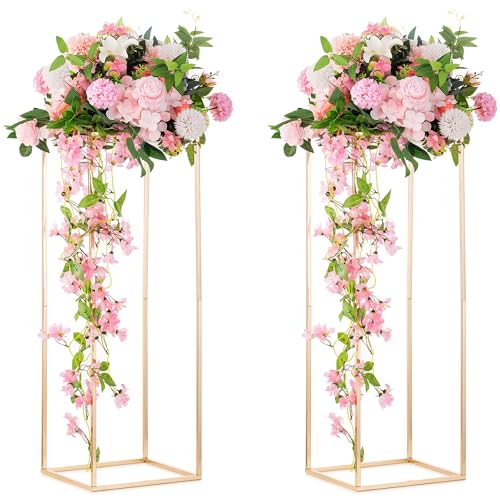 Photo 1 of Inweder Column Vases Wedding Centerpieces for Tables - 2 Pcs Metal Flower Stand, Gold Tall Floor Vase, 31.5in Rectangular Geometric Flower Rack for Wedding Decorations, Event, Home, Party