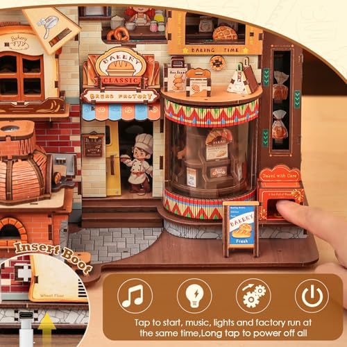 Cutefun Kit de Modelismo 3D en Madera – Book Nook de 572 Piezas para Adultos – Maqueta a Escala con Música y Luz LED – Fábrica de Regalos Temática de Pan