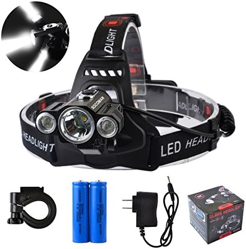 SOCOMAN 5000 Lumens Bright Headlamp Headlight Flashlight Torch LED 4 Modes with 2 Rechargeable 18650 Batteries and 1 charger and 1 Bicycle Clip for Hiking Camping Riding Fishing Hunting
