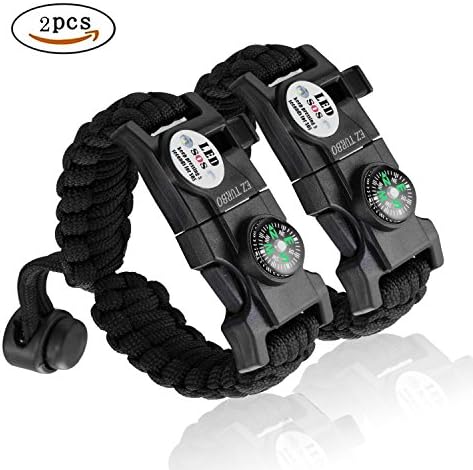 Survival Bracelet [2-Pack], Multi-functional Outdoor Survival Compass Bracelet，LED SOS Emergency Paracord Bracelet for Hiking Camping Hunting