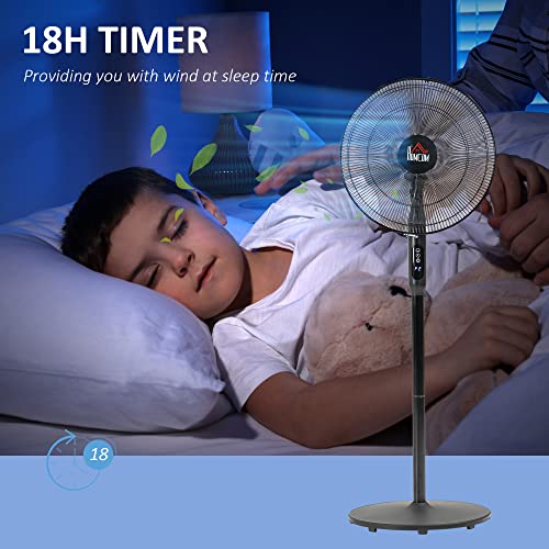 HOMCOM 16" Pedestal Fan with Remote, LED Control Panel, Tilted Head, Black | Standing Floor Fan with Height Adjustable, Timer, Oscillating, Bedroom