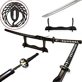 Vulcan Gear Traditional Handmade Sharp Katana Samurai Sword with Scabbard and Single Sword Wood Stand - Choose You Handle (Tsuba) Style