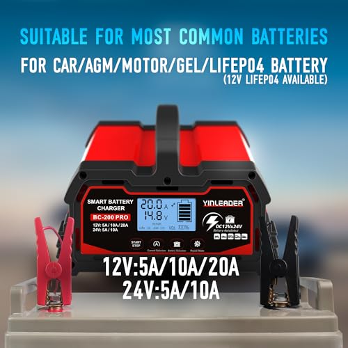 Car Battery Charger 20A 12V/24V 10A Intelligent Automatic with LCD Display for Motorcycle and 12V LiFePO4