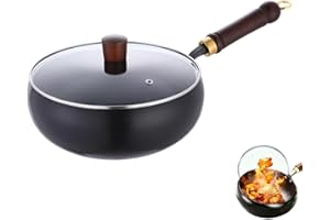 Evolkult Carbon Steel Wok Pan, 9.4/11" Woks & Stir-Fry Pans with Glass Lid Cookwares, Uncoated Non-Stick Frying Wok Round Bot