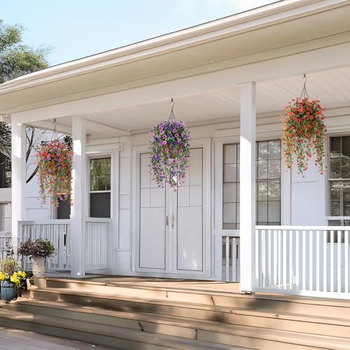 INQCMY Artificial Fake Hanging Flowers Plants for Outdoor Summer Decoration,2 PCS Faux Silk Daisy with Eucalyptus Leaves,UV Resistant Look Real for Outside Home Planter Porch Patio Balcony Yard Decor
