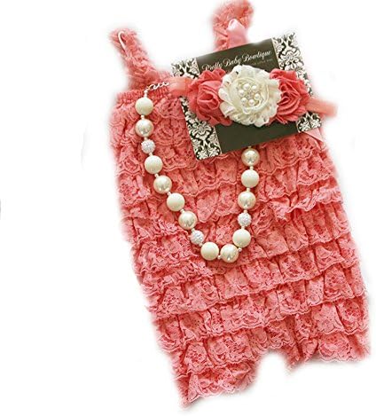 Baby Girl Lace Romper Set- Baby Birthday Outfit by Pretty Baby Bowtique (0-6months, Coral and Cream)