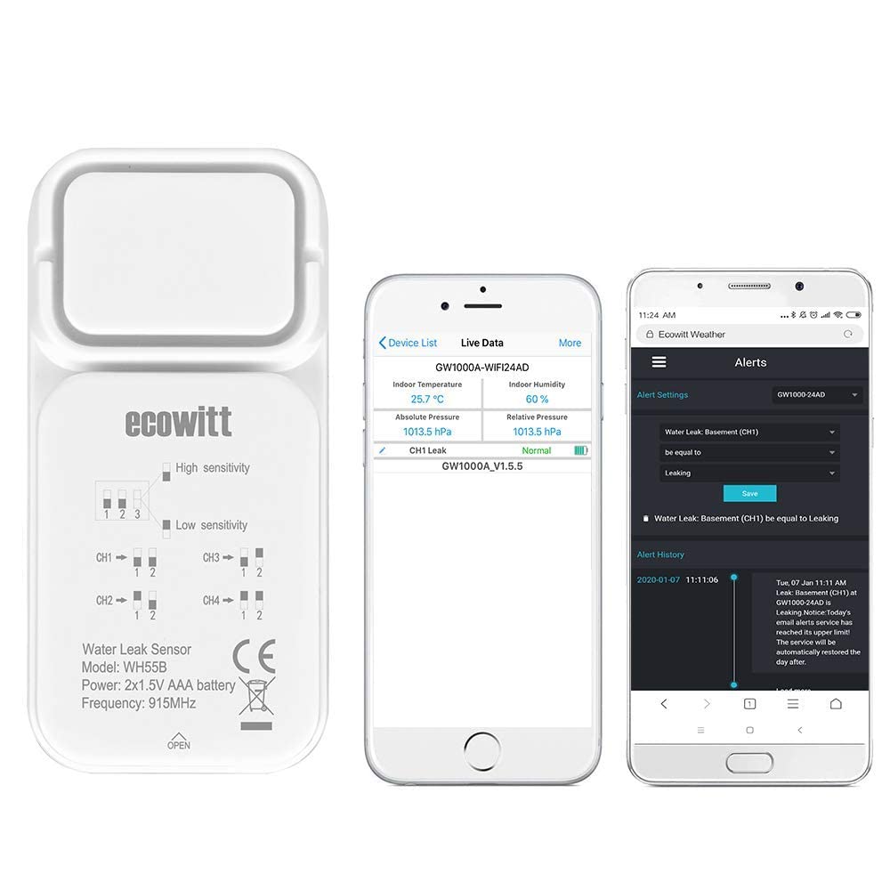 ECOWITT Sensor WH55, Wireless Multi-channel Water Leak Detection Sensor with Loud Audio Alarm, Just A Accessory Cannot Be Used Alone