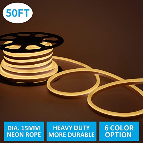 shine decor Led Neon Lights, dimmable 3000K Warm White Rope Lights, Update Waterproof 2835 120Leds/M, 50ft, 110V, Included All Necessary Accessories, Flex Durable for Outdoor Decor Or Commercial Use