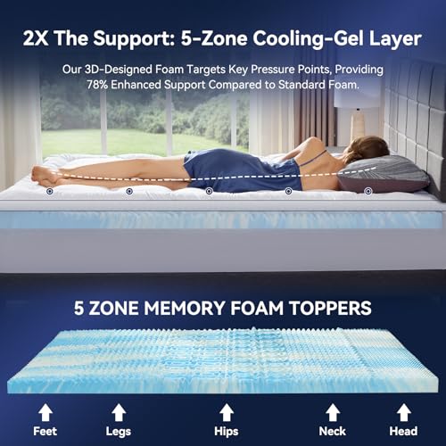 NicePlus Dual Layer 4 Inch Memory Foam Mattress Topper Queen, 2 Inch Cooling Gel Memory Foam and 2 Inch Soft Pillow Top Mattress Pad Cover for Back Pain Relief, with Elastic 21" Deep Pocket
