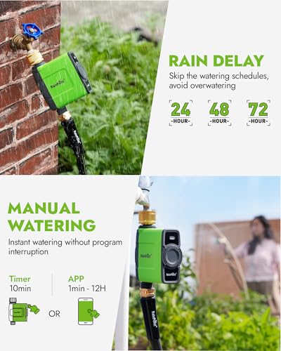 RAINPOINT WiFi Water Timer, Irrigation Timer with Brass Inlet & Outlet, must be used with HWG023 Gateway, IP65 Waterproof Garden Hose Timer, Rain Delay/Manual Watering(without Antenna Gateway)