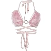 Women's Rave Furry Bra Top Strappy Halter Triangle Bralette Cami Tanks Festival Party Dance Hot Clubwear