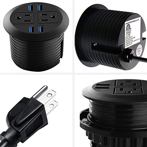 Desk Power Grommet Outlet with USB, Recessed Power Strip Receptacle Outlet, Plug-in 2 Plug Connect 6.5 ft Extension Cord Suitable Furniture Conference Room Office Kitchen Table