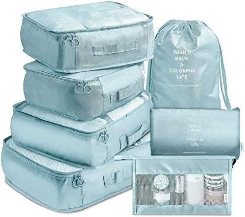 Packing Cubes 7 Pcs Travel Luggage Packing Organizers Set with Toiletry Bag (Pale blue) 1 Packing Cubes 7 Pcs Travel Luggage Packing Organizers Set with Toiletry Bag (Pale blue)