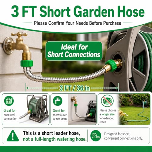 3ft Short Garden Hose with Female to Female Connector - Metal Leakproof Leader Hose for Hose Reel, Heavy Duty 304 Stainless Steel Flexible Hose for Outdoor Garden Watering Car Pet Cleaning