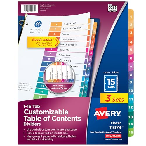 Avery 15 Tab Dividers for 3 Ring Binders, Customizable Table of Contents, Multicolor Tabs, 3 Sets (11074)