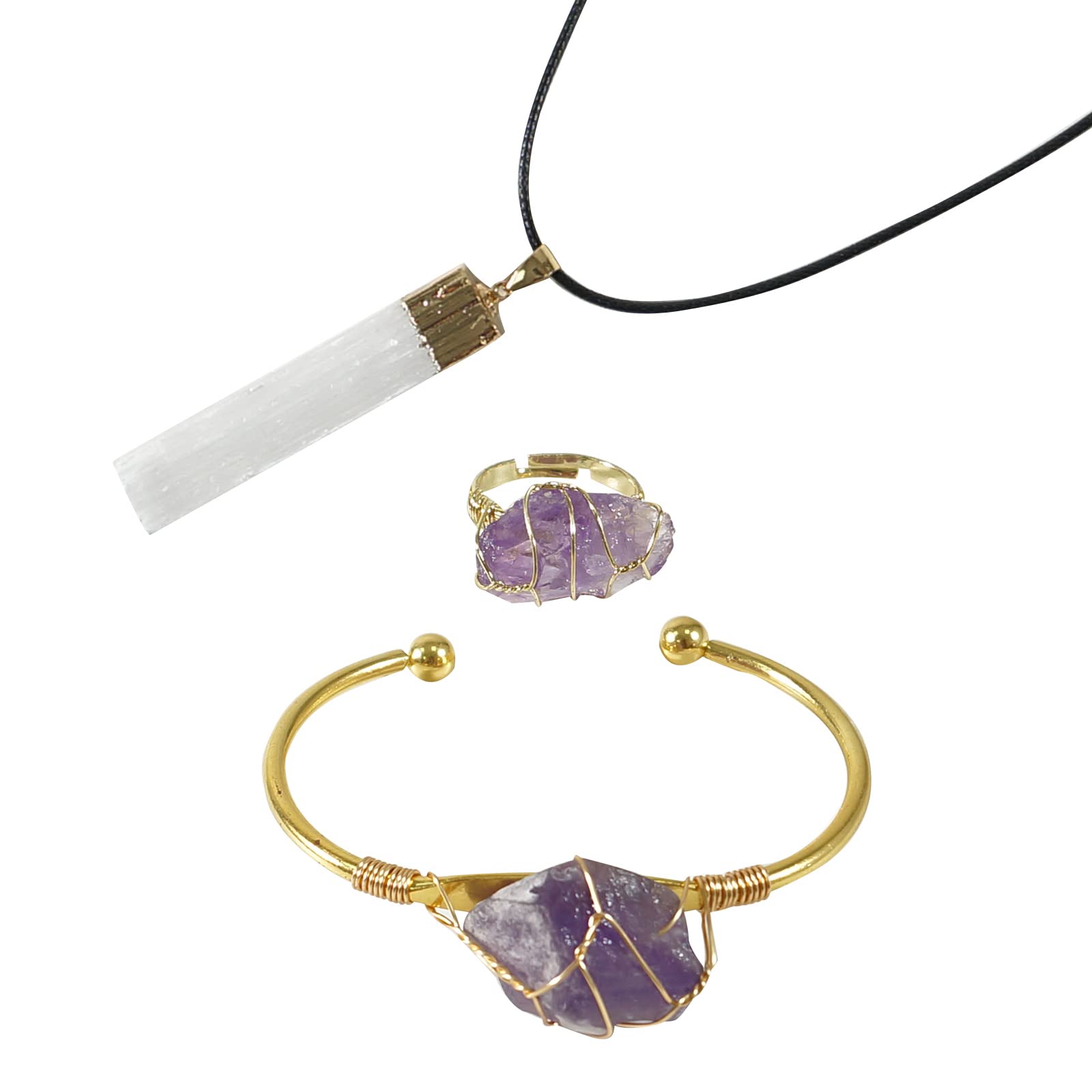 soulnioi Healing Crystal Natural Energy Amethyst Crystal Irregular Raw Stone Rough Stone Set-Ring Bracelet Gypsum Pendant Necklace Each One for Yoga Reiki Meditation