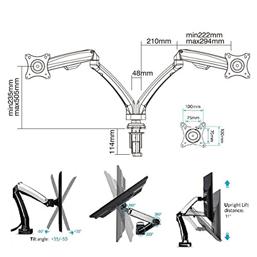 H&A Elegant Aluminum Monitor Stand Gas Spring Desk Monitor Mount for 13"-32" Computer Monitor TV Screens Full Motion Swivel LED LCD Arm (Dual Monitor)