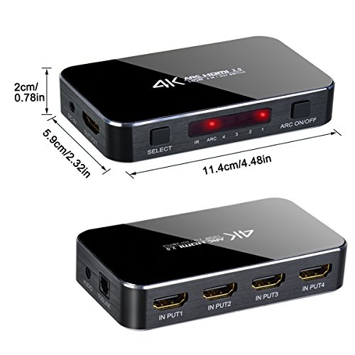 4K HDMI Switch Selector, 4 input 1 output 3D Support, ARC Audio Extractor, with Optical Toslink Audio Out for Home Theater / Multimedia Presentation / HDTV / DVD / PS3 / PS4 / STB / Bluray Player etc