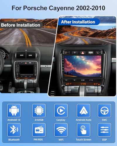 NHOPEEW 2G+64G Android Car Radio for Porsche Cayenne 2002-2010 - Wireless Carplay & Android Auto - 9 Inch Android Stereo with WiFi EQ GPS Mirror Link FM RDS + AHD Camera & Mic