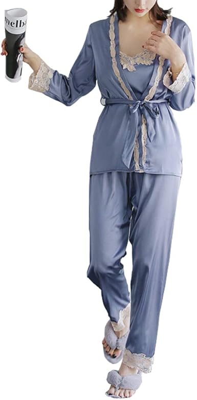 Rojeam Women S Silk Satin Pajamas Kimono Shirt Cami Top And Shorts 3 Piece Pj Set At Amazon Women S Clothing Store