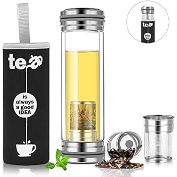 BINE 14oz Glass Tea Infuser Bottle Tumbler Strainer for Loose Leaf, Herbal, Green or Ice Tea Cold Brew Coffee Mug or Fruit Infusion Hot or Cold Water Travel Bottle Free Travel Sleeve