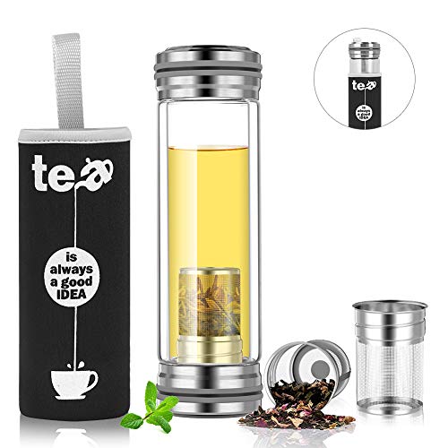 BINE 14oz Glass Tea Infuser Bottle Tumbler Strainer for Loose Leaf, Herbal, Green or Ice Tea Cold Brew Coffee Mug or Fruit Infusion Hot or Cold Water Travel Bottle Free Travel Sleeve