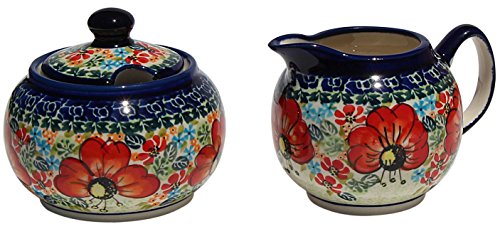 Polish Pottery Sugar Bowl and Creamer From Zaklady Ceramiczne Boleslawiec #694/711-296 Art Unikat Signature Pattern, Sugar Bowl: Height: 3.7" Creamer: Height: 3.4" - Thumbnail 2