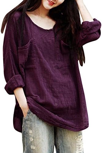 Syban Womens Cotton Linen Thin Section Loose Long-Sleeved Blouse T-Shirt Pullover (XXX-Large, Purple)