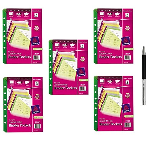 Avery Mini Binder Pockets, Fits 3-Ring and 7-Ring Binders, Assorted, Pack of 5 (75307) (5-Pack Bundle, Assorted) - Bundle Includes Plexon Ballpoint Pen