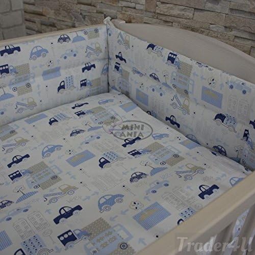 MillaLu 3 Pcs Baby Nursery Bedding Set fit to Cot 120x60cm or Cot Bed 140x70cm Padded Bumper (Fit to Cot 120x60 cm, Blue Cars on White)